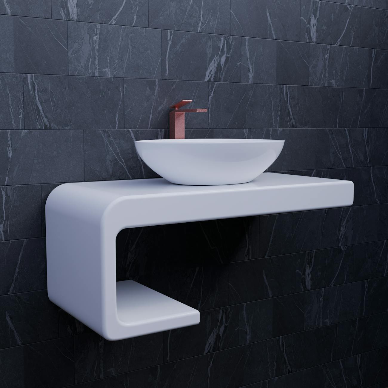 Modern bathroom with natural stone tiles and floating vanity